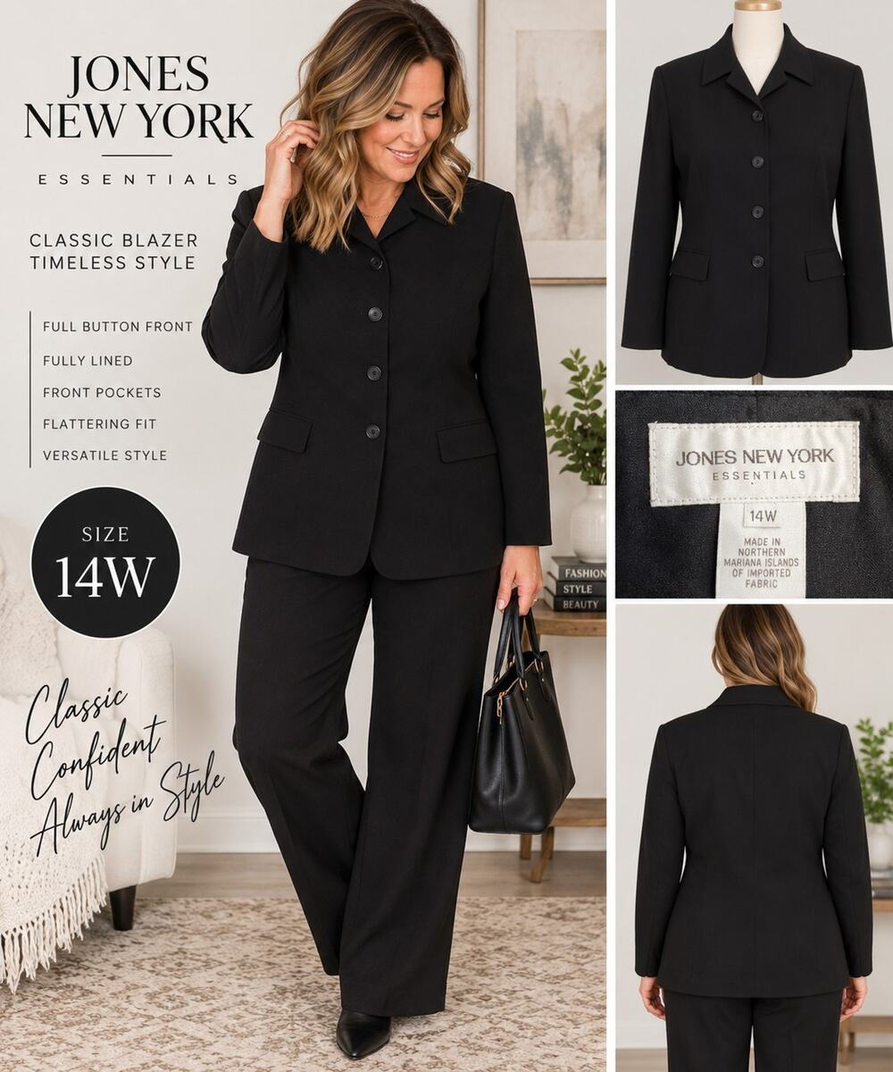 Jones New York Essentials Blazer 14W Black Button Front Vintage Career Jacket